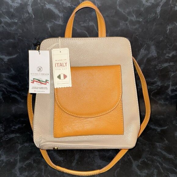 NWT DIVINA FIRENZE Kitty Latte And Honey Leather Backpack Purse Made in Italy - Picture 1 of 9